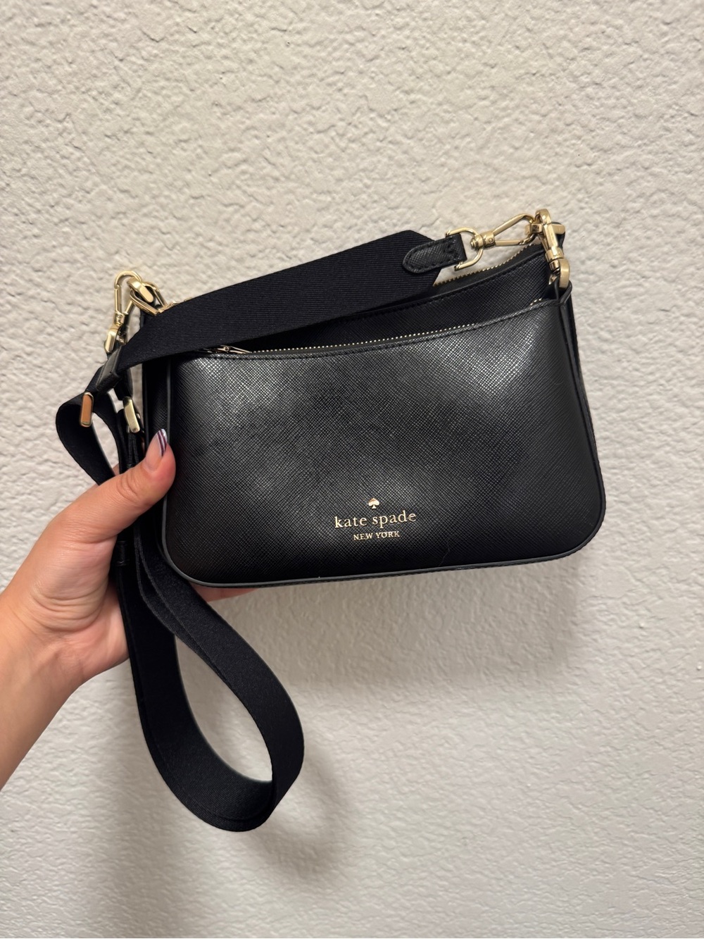 Kate Spade Duet Black Saffiano Leather Crossbody with Gold Hardware
